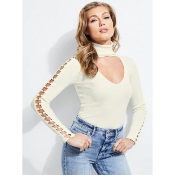 Guess Holly O-Ring Choker cutout long sleeve mock turtleneck sweater XS - Picture 8 of 8